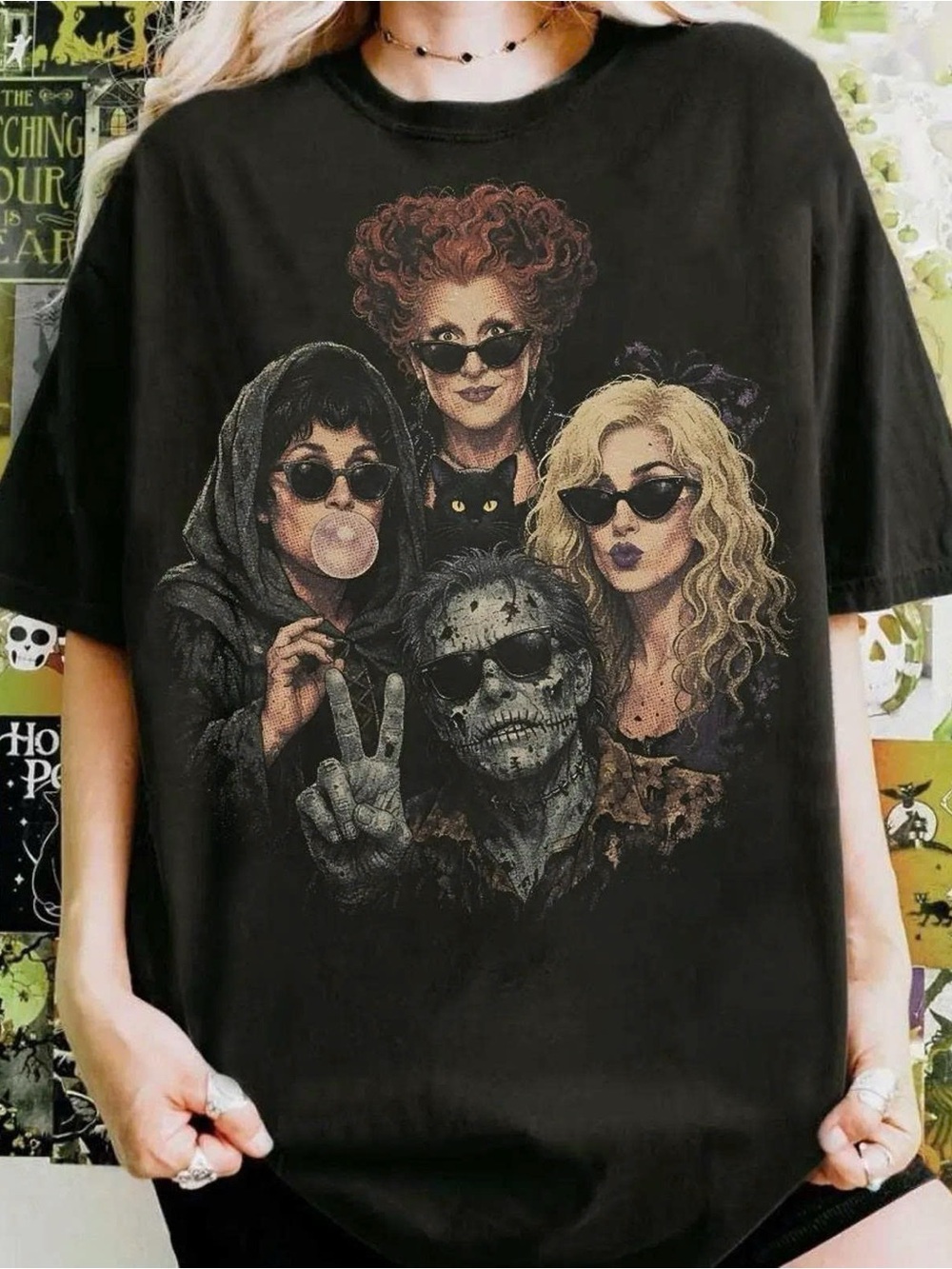 Black Graphic Tee with Halloween Character Design